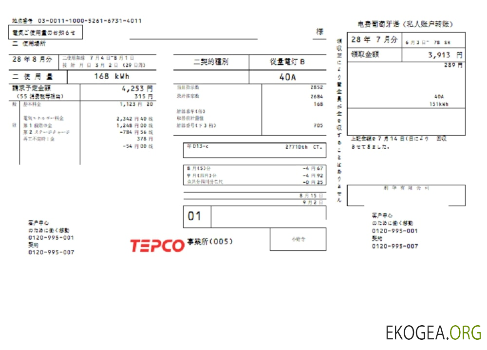 Japan Tokyo Electric Power Company (TEPCO) electricity utility bill template in Word and PDF format ( 東京電力ユーティリティ請求書テンプレート)